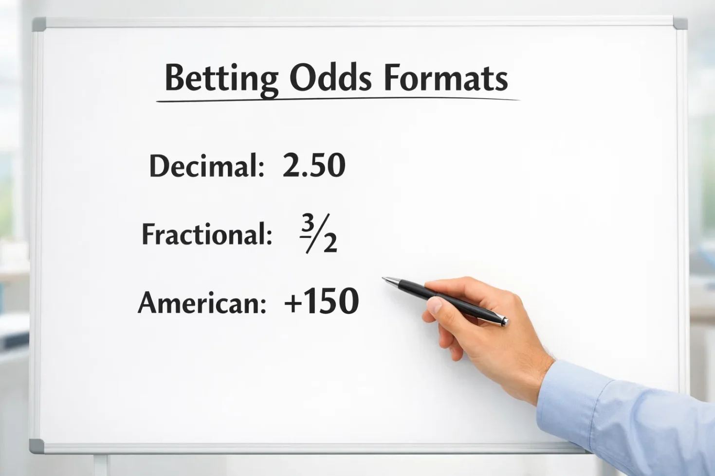 Betting board showing decimal fractional and American odds formats explained