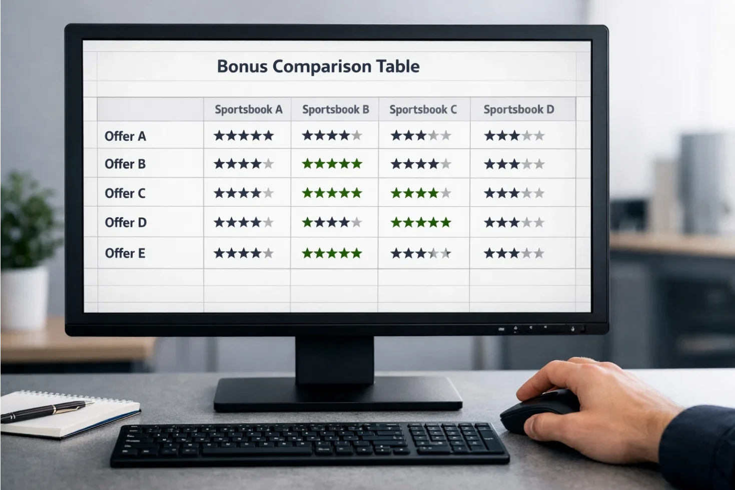 Comparison chart of sportsbook welcome offers on computer screen