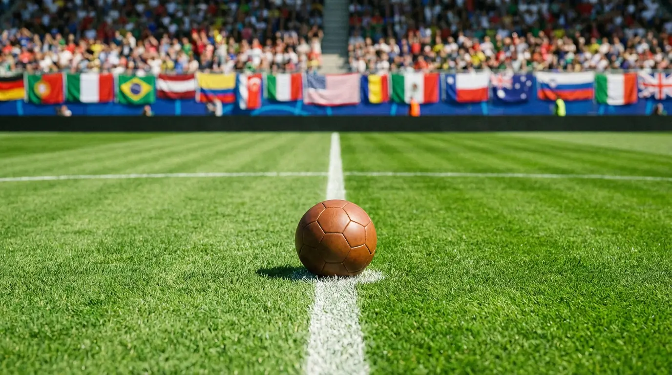 Football resting on a pitch with international flags blurred in the stadium background